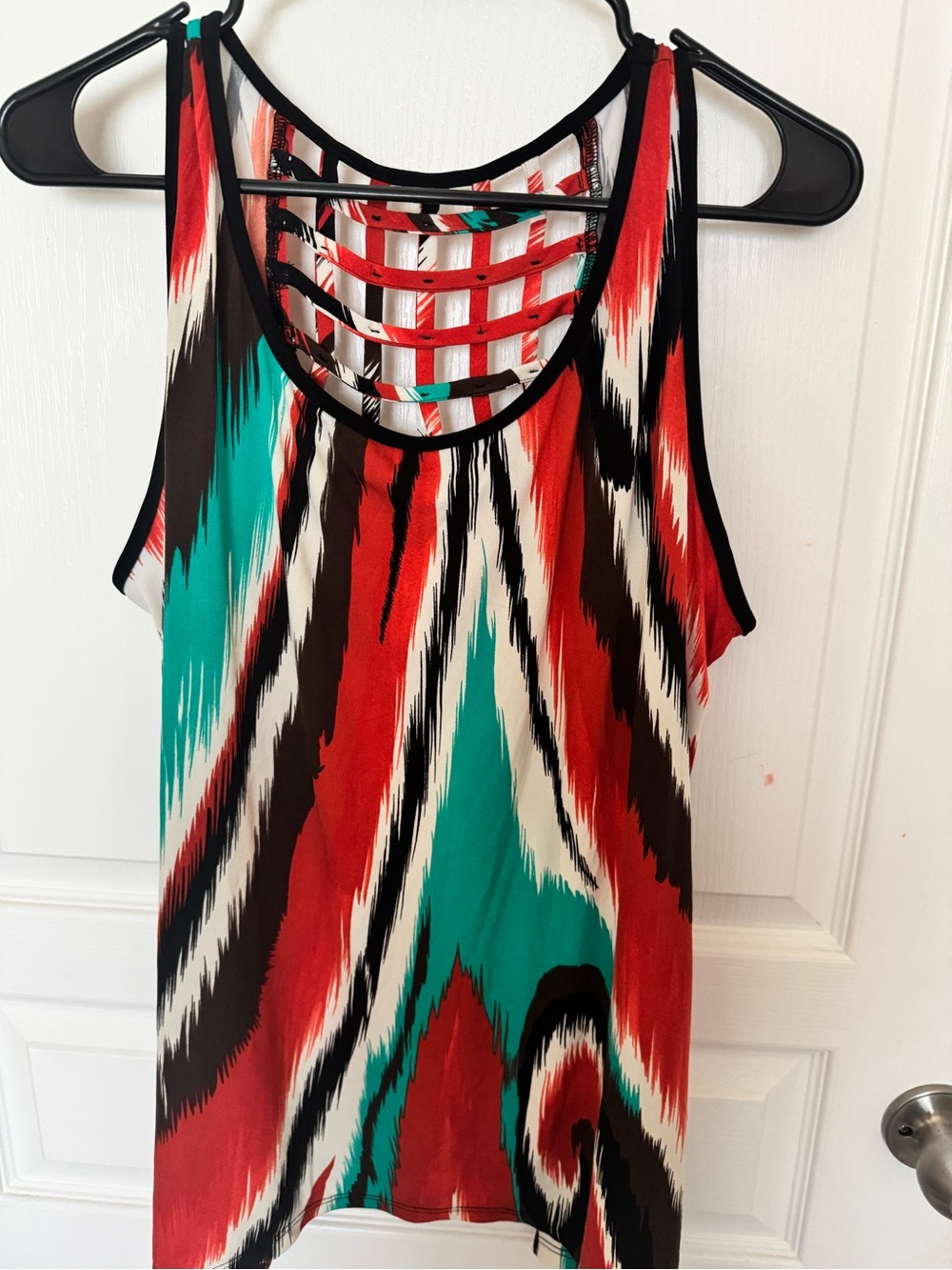 Cato Red, Teal, Brown and White Lattice-Back Tank Top